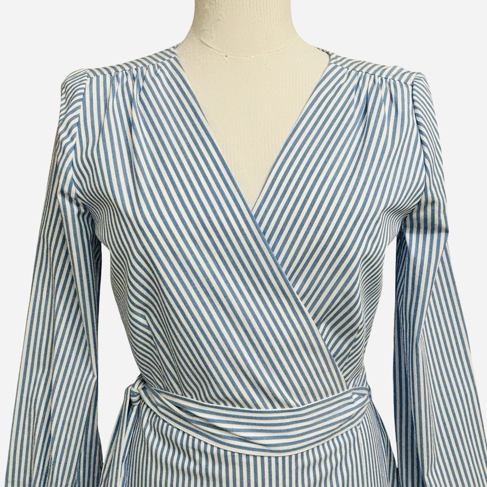 NWT J. Crew Wrap Dress Women's Size 4 Striped Cotton Poplin Blue White  Lined - Picture 4 of 16
